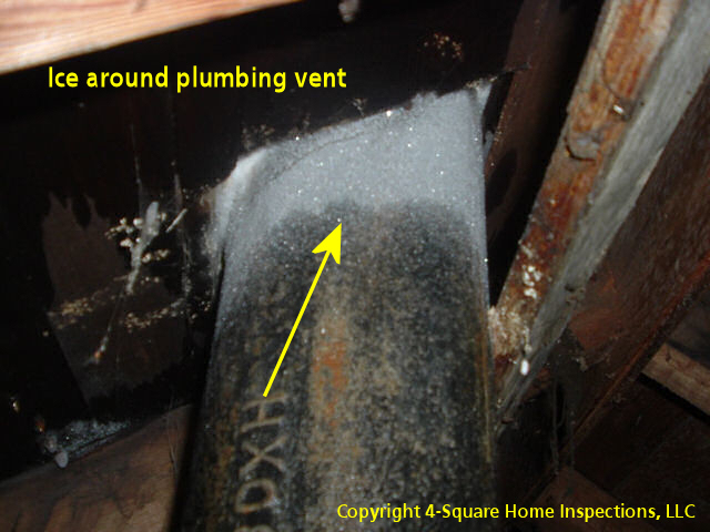 Closeup of attic frost near roof sheathing